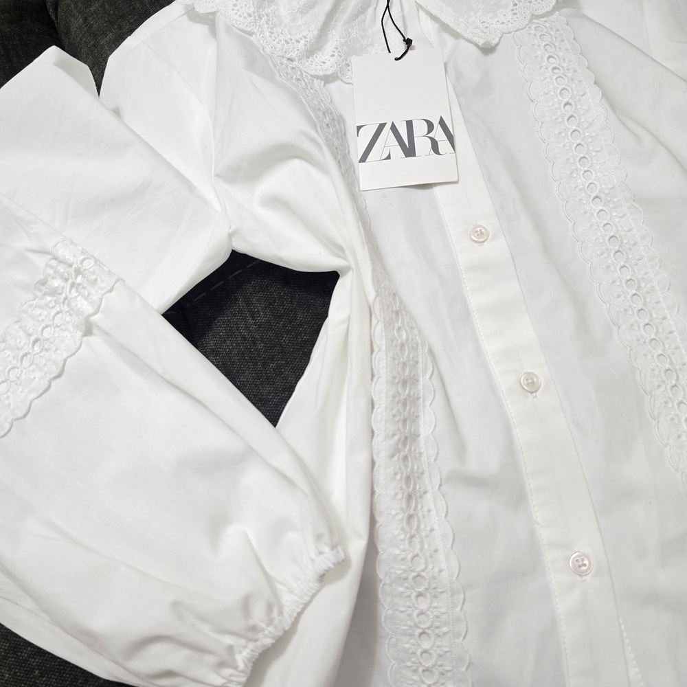 ZARA White Eyelet Lace Collar Button-Up Blouse - Picture 3 of 12